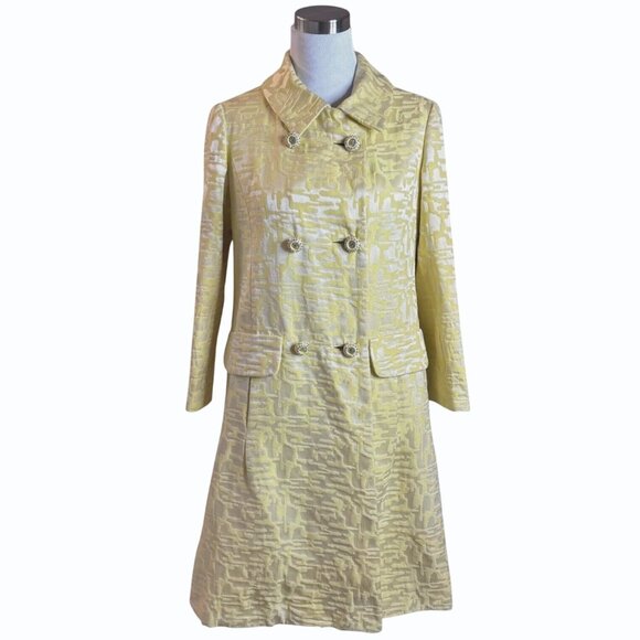 VTG‎ 60s Tapestry Pea Coat Butter Yellow Rhinestone Buttons Mod Old Money Luxury - Picture 4 of 12